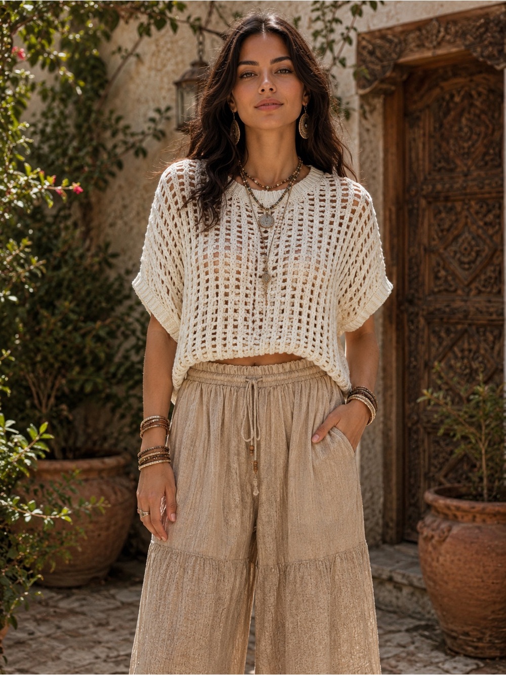 H160 NWT S ptp25 eesome Cream Open-Weave Short Sleeve Sweater Top